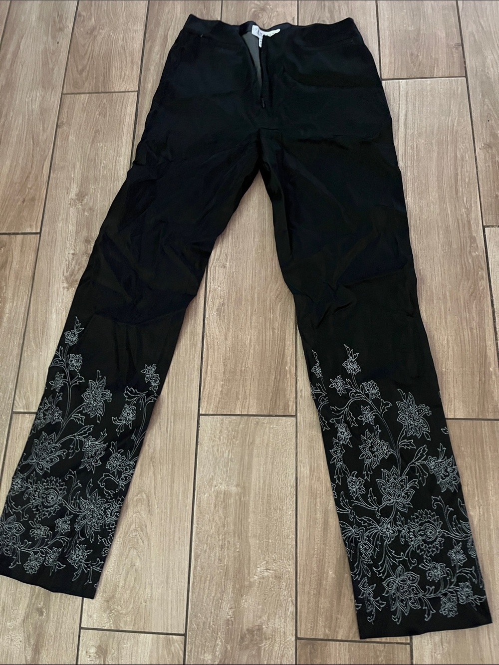 Black SILK Pants with Silver Floral Embroidery